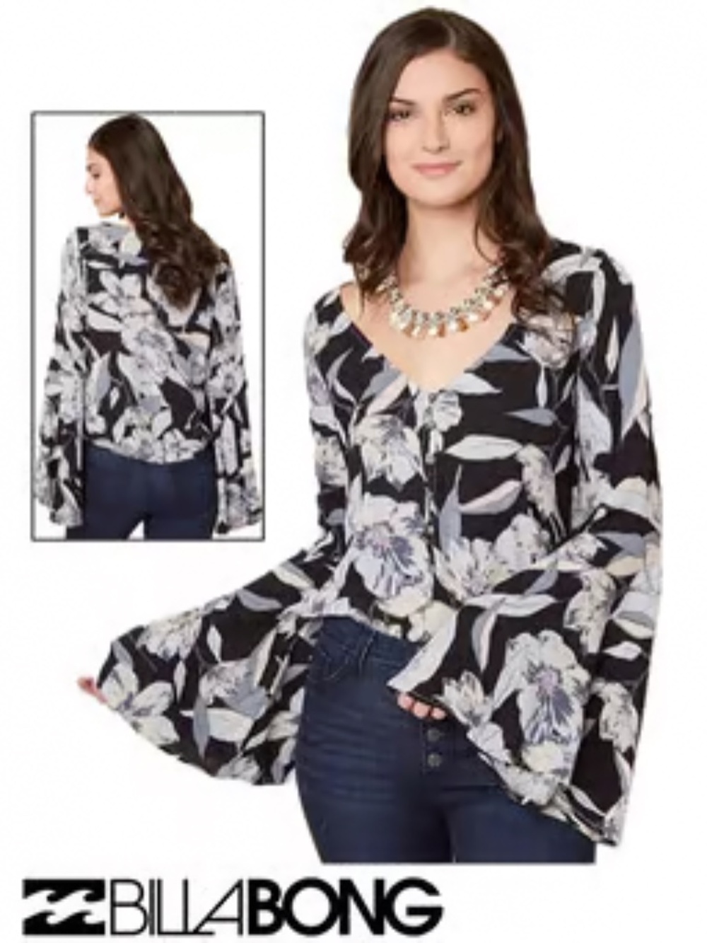 Billabong Women's Floral Print Bell Sleeve Button Front Blouse Medium